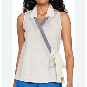 AND Beige Knit Striped Collared Sleeveless Wrap Blouse Size 12